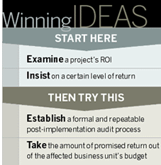 Winning Ideas  - Examine a project's ROI -Insist on a certain level of return - Establish a formal and repeatable post-implementation audit process - Take the amount of promised return out of the affected business unit's budget